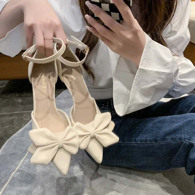 2024 New Summer fashion buckle Women's Shoes Comfortable pointed thin heel Sandals Sexy Baotou Casual bow hollow high heels