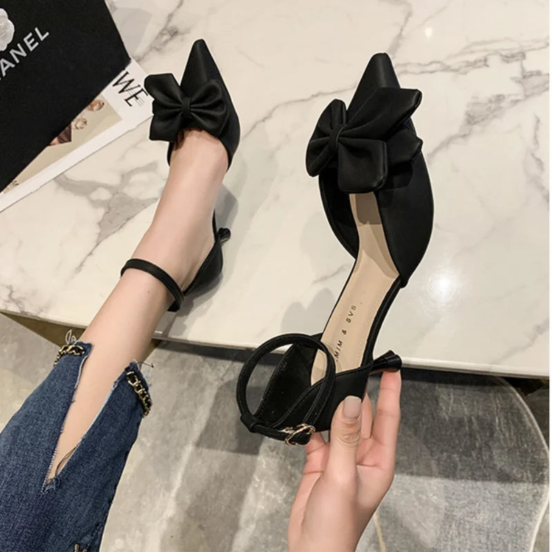 2024 New Summer fashion buckle Women's Shoes Comfortable pointed thin heel Sandals Sexy Baotou Casual bow hollow high heels