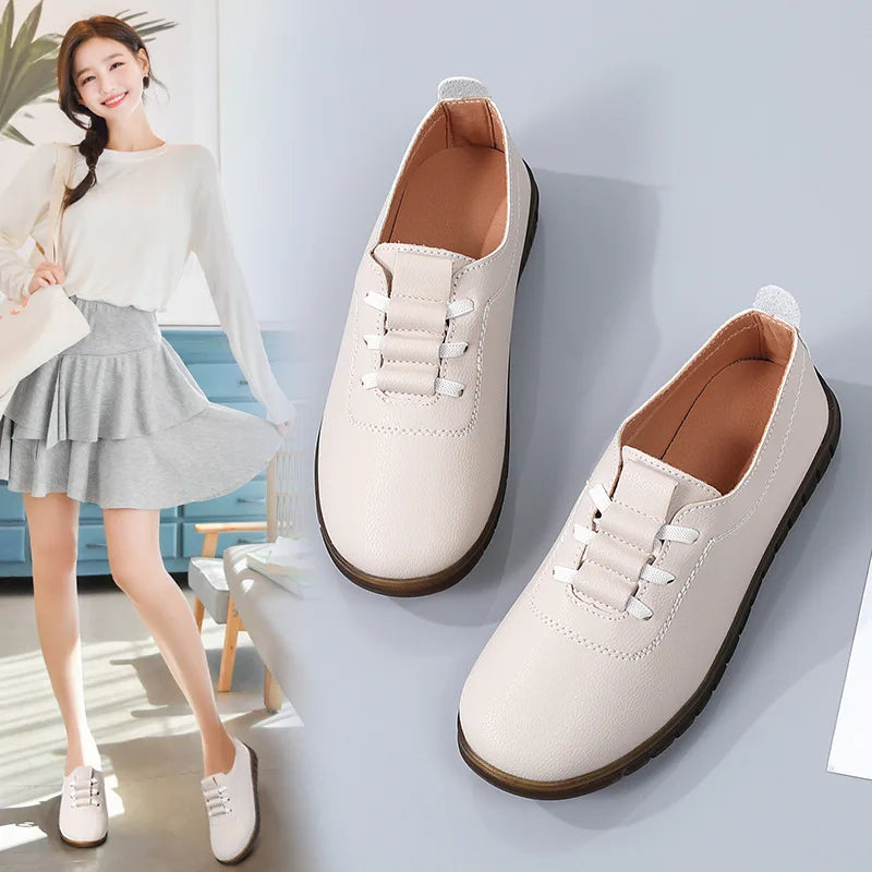 Soft Leather Flat Work Shoes Spring Autumn Winter Comfortable Slip-On round Toe Low Heel Anti-Slip Large Size Women's Flats