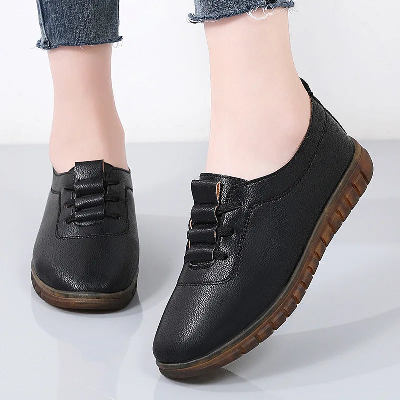 Soft Leather Flat Work Shoes Spring Autumn Winter Comfortable Slip-On round Toe Low Heel Anti-Slip Large Size Women's Flats