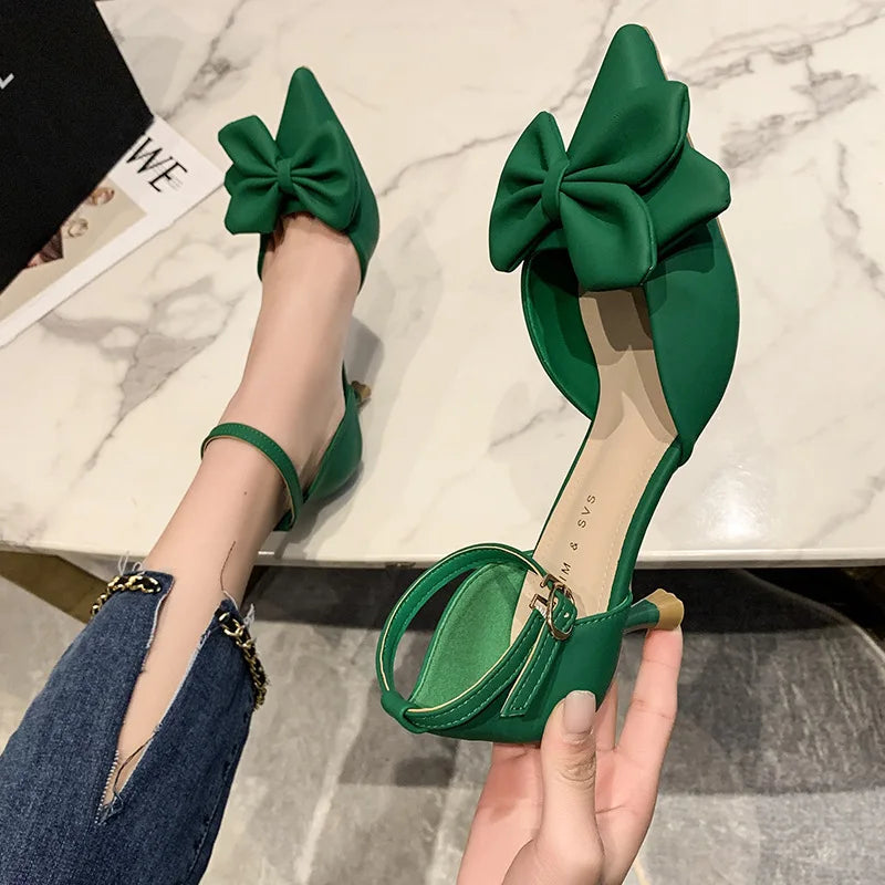 2024 New Summer fashion buckle Women's Shoes Comfortable pointed thin heel Sandals Sexy Baotou Casual bow hollow high heels