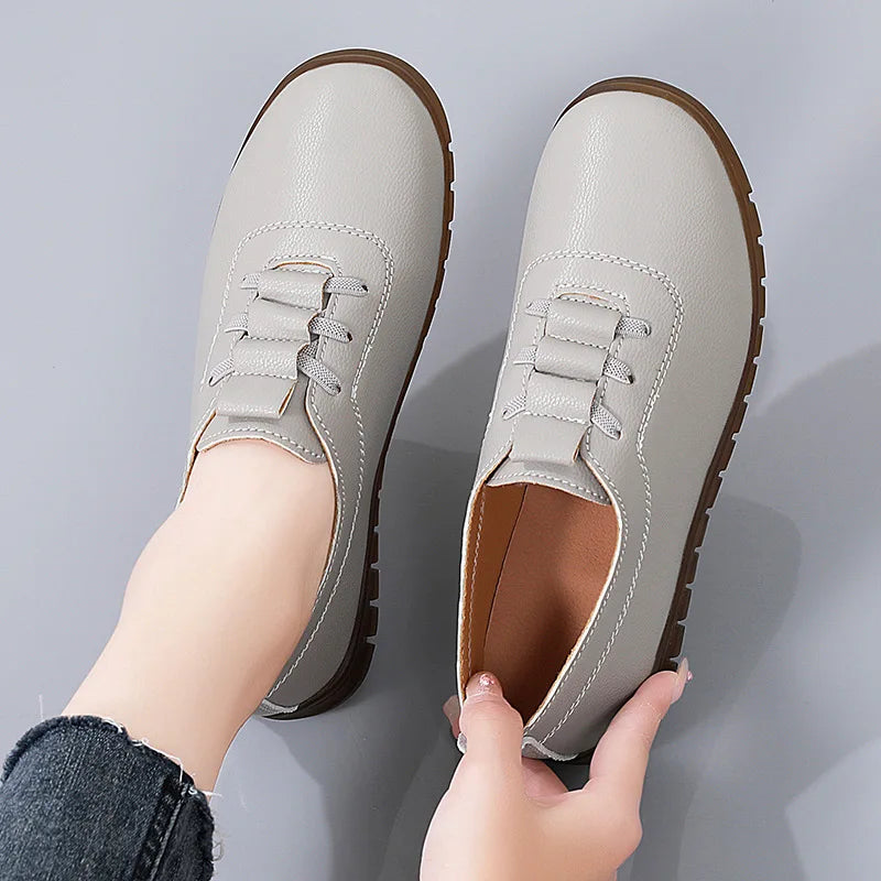 Soft Leather Flat Work Shoes Spring Autumn Winter Comfortable Slip-On round Toe Low Heel Anti-Slip Large Size Women's Flats